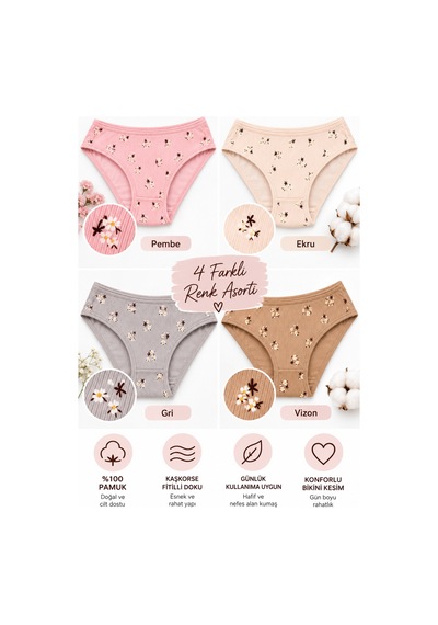 Westicgiyim Kadın Kaşkorse Fitilli Bikini Külot 4 Lü Paket %100 Pamuk Desenli Asorti Renk M-l-xl çok Renkli