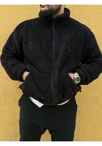 Fifty Color Siyah Peluş Dik Yaka Cepleri Fermuarlı Oversize Peluş Ceket Siyah