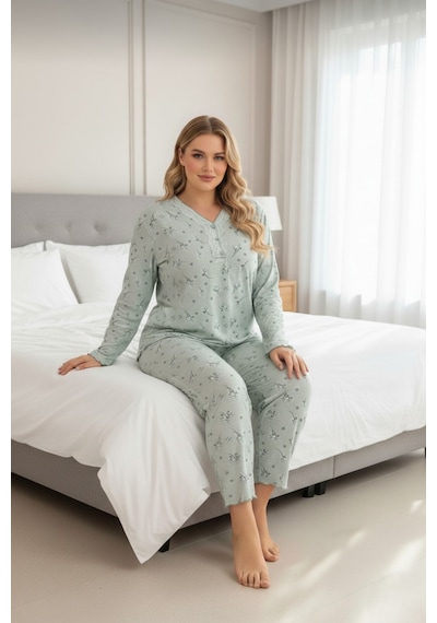 Eyfuze Kadın Büyük Beden Desenli Yakası Düğmeli Uzun Kollu Bambu Pijama Takımı Yeşil-1