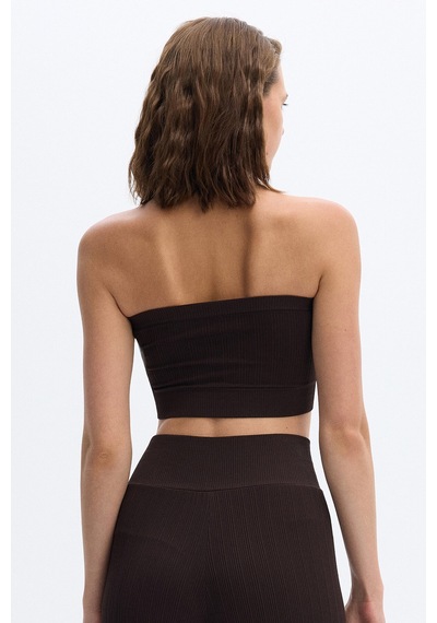 SubTone Dikişsiz Rib Dokulu Straplez Crop Top Koyu Kahve Kahverengi
