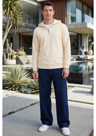 Tudors Unisex Relax Fit Rahat Kesim Pamuklu İçi Polarlı Yarım Fermuarlı Taş Kapüşonlu Sweatshirt-37028