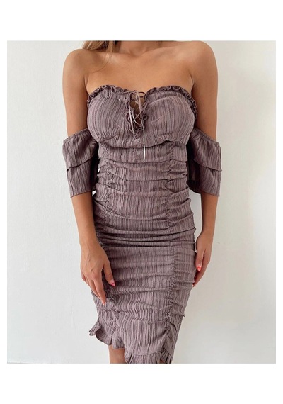 Fashion Cocktail Düşük Omuz Minik Kol Göğüs Korseli Drapeli Süper Esnek Doğal Kumaş Pedli Kokteyl Tüp Elbise Mor Fashion Cocktail Düşük Omuz Minik Kol Göğüs Korseli Drapeli Süper Esnek Doğal Kumaş Pedli Kokteyl Tüp Elbise Mor