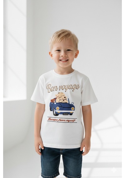 Monila Erkek Çocuk Bej Pamuklu Baskılı Bisiklet Yaka T-shirt Ekru