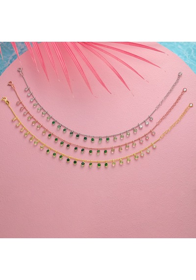 Queen Silver Jewelry 925 Ayar Gümüş Top Zicirli Yeşil Renk Geçişli Halhal Altın