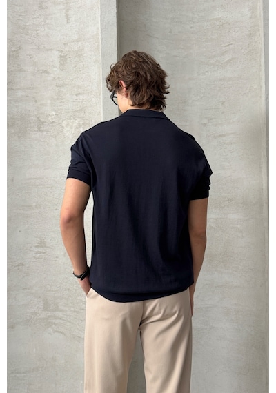 Erkek Oversize Pamuklu Polo Yaka Triko T-shirt Lacivert