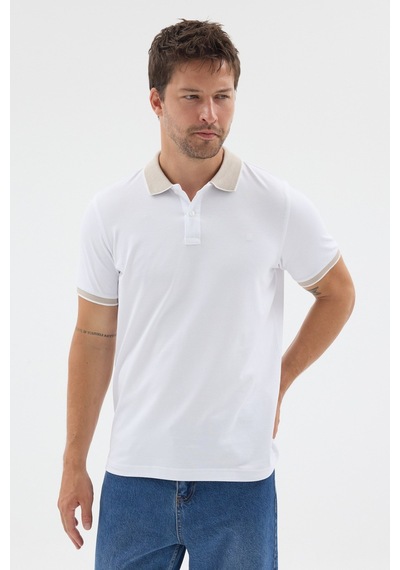 Beyaz-bej Polo Yaka Pike Kısa Kol Slim Fit %100 Pamuk Tişört 1011260171