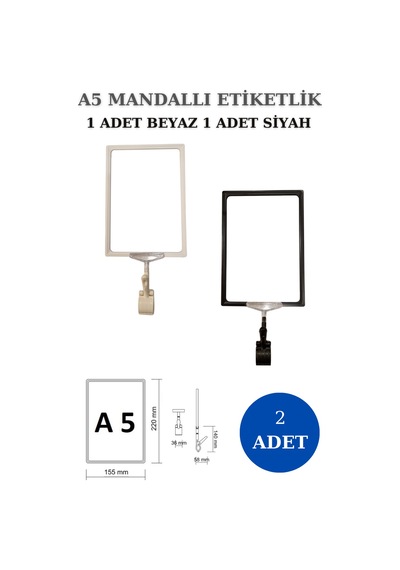2 Adet Siyah Beyaz A5 Mandallı Sepet Etiketi Çerçeveli Etiketlik Siyah - Beyaz