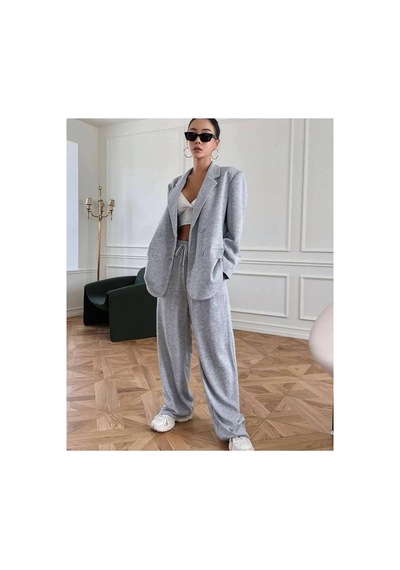 Mayrem Kadın Oversize Blazer Ceketli Rahat Gri Eşofman Takım