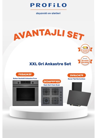 Profilo FXSA243F  - OE36P9P10D - DVK6J479 Gri Xxl Fırınlı Buharlı Ankastre Set