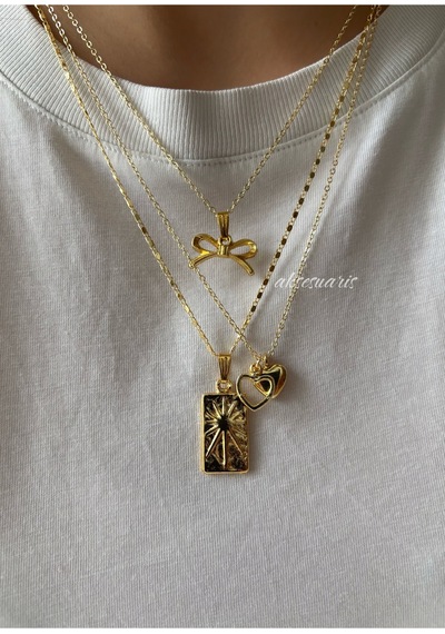 3'lü Kurdele Gold Charm Kadın Kolye Kombin Sarı Sarı