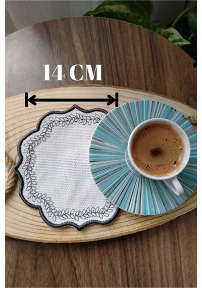 6 Adet Keten Kumaş Üzeri Yaprak Desen Nakışlı Kahve Yanı Kokteyl Peçetesi & Bardak Altlığı Füme - 777042599