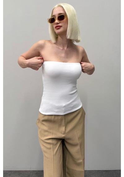 Seeh Beyaz Straplez Basic Kadın Bluz Sh247 Standart