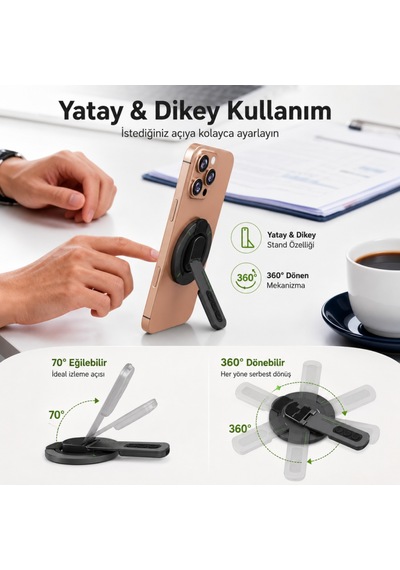 Coofbe 3'ü 1 Arada Magsafe Uyumlu Manyetik Telefon Tutucu, 360 Döner 180 Katlanabilir Parmak Yüzük Tutucu, Yatay Dikey Telefon Standı Siyah