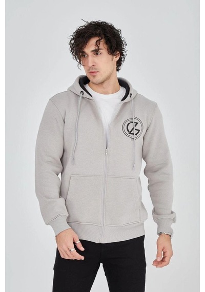 Mbb E-ticaret Erkek 3 İplik Pamuklu Fermuarlı Kapüşonlu Kanguru Cepli Baskılı Hoodie Hırka Sweatshirt - Boyalı Gri