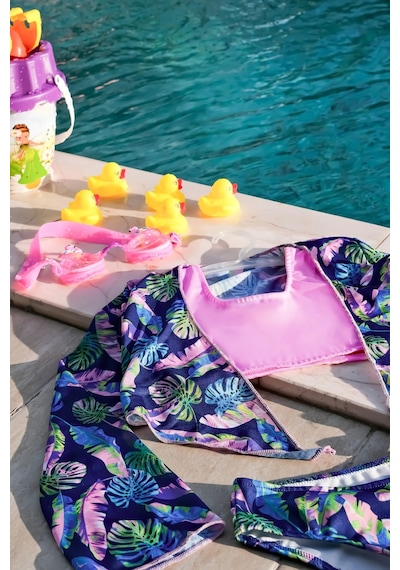 Mayom Kız Çocuk Yaprak Desenli Pareolu Bikini Takımı 3'lü Set-lacivert-pembe Lacivert - Pembe Mayom Kız Çocuk Yaprak Desenli Pareolu Bikini Takımı 3'lü Set-lacivert-pembe Lacivert - Pembe