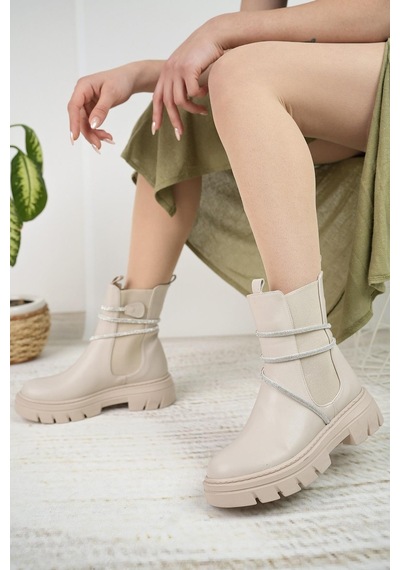 Nesil Shoes Fncy 205 Bej Çift Lastikli Kadın Bot-bej Bej