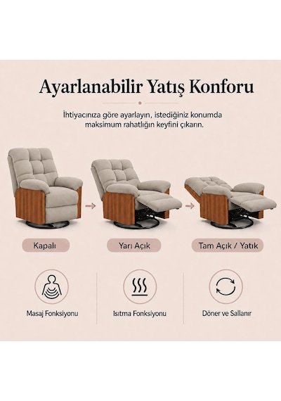 Smarto Relax Porto Tv Koltuğu Elektrikli Masajlı Isıtmalı Döner Sallanan Ahşap Yan Panelli Polyester Kumaş Baba Koltuğu Krem
