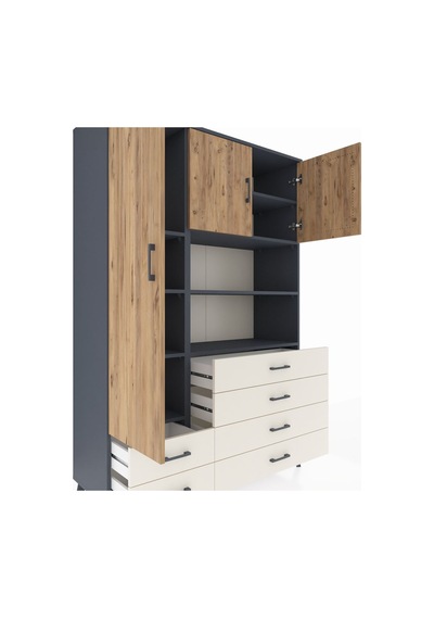 Hyperion Dolap 8 Raflı 6 Çekmeceli 3 Kapaklı 132x44x195 Antra... Antrasit
