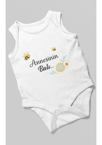 Morivokids Annesinin Balı Sıfır Kollu Bebek Body %100 Pamuk Beyaz