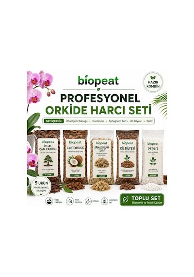 Orkide Harcı Seti 5'li 1 L İthal Çam Kabuğu Cocohusk Sphagnum Torf Perlit Kil Bilyesi 1000