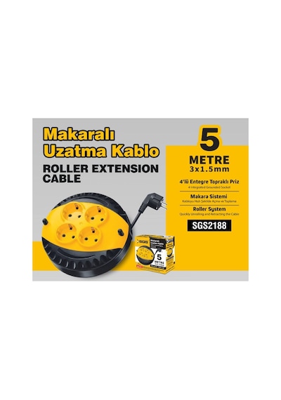 Sgs2188 - 5 Metre Makaralı Uzatma Kablo 4 Lü Priz