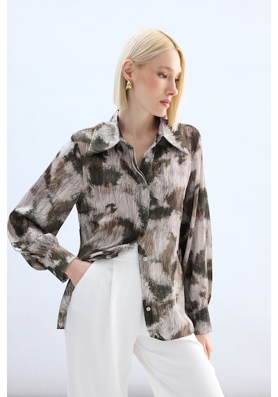 Sateen Desenli Gömlek - Kahve-136914 kahve