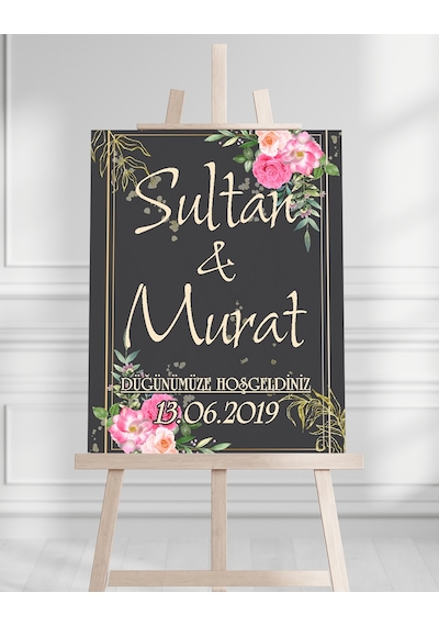 Söz Nişan Düğün İçin 50x70 Karşılama Panosu - Renkli Çiçek Ve Siyah Tasarımlı Beyaz