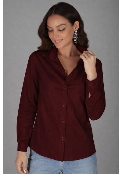Sweetness Kadın Koyu Bordo Likralı Uzun Kol Pamuklu Klasik Gömlek Bordo