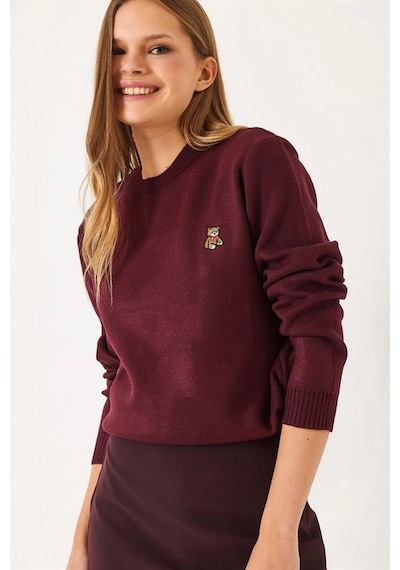 Mevese Kadın Peluş Teddy Ayıcık Nakışlı Bisiklet Yaka Basic Triko Kazak - Bordo