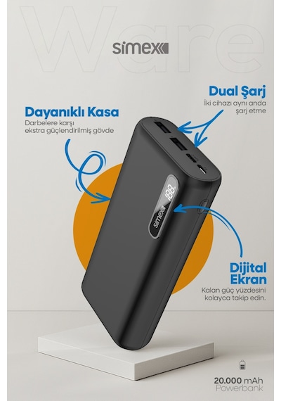 Simex Ware 20.000 mAh Dijital Ekranlı Powerbank - Dual Şarj, Type-C & Micro USB, Hızlı Şarj Destekli
