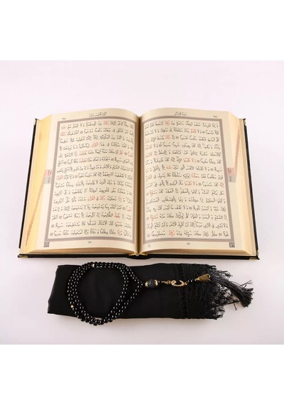 Şal + Tesbih + Kuran Hediye Seti Orta Boy, Kadife, Lafzatullah, Siyah