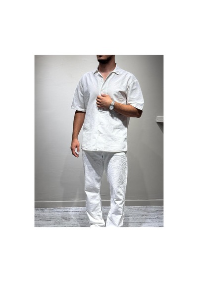 Gömlek Pantolon Erkek Keten Takım Oversize Kalıp Beyaz