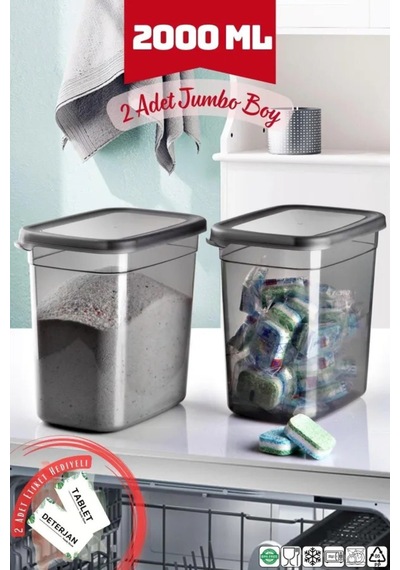 Ekonomik 2 Adet Jumbo Boy Dikdörtgen Saklama Kabı 2000 Ml Antrasit Plastik Gri Diğer
