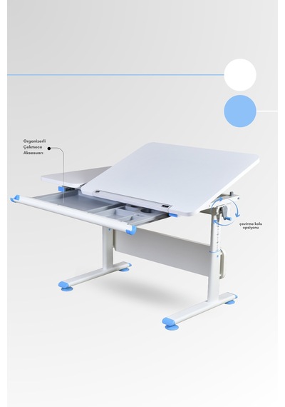 Vega Basic Yükseklik Ve Eğim Ayarlı Beyaz Çalışma Masası, Çekmeceli Bilgisayar Ve Ofis Masası, Mavi Gri Vega Basic Yükseklik Ve Eğim Ayarlı Beyaz Çalışma Masası, Çekmeceli Bilgisayar Ve Ofis Masası, Mavi Gri