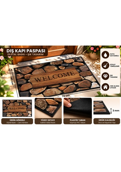 Dış Kapı Paspası Kaymaz Pvc Plastik Tabanlı, Dijital Baskılı, Şık Desenli Kapı Önü Paspası 40x70 Cm Taş Rengi