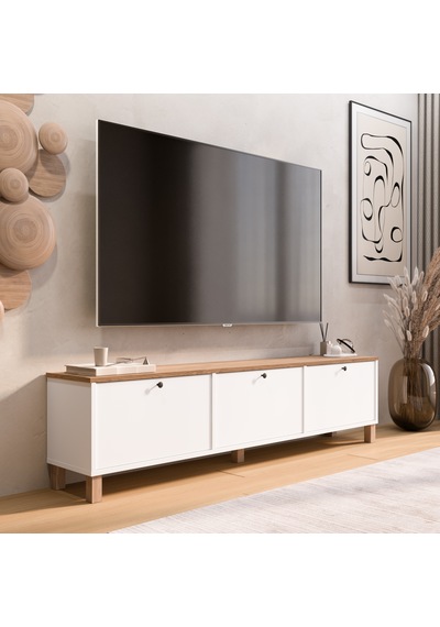 Robin Home Alaska Tv Ünitesi Sehpası 3 Kapaklı Ahşap Ayaklı 180cm Sepet-beyaz Beyaz