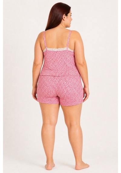 Bravie Kadın Büyük Beden İp Askılı Yakası Dantelli Çiçek Desenli Yazlık Pijama Takımı Pembe