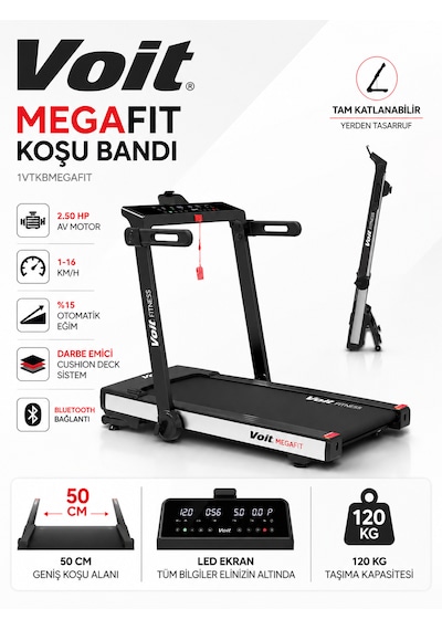 Voit Mega Fit Otomatik Eğimli 50x125 Cm Geniş Bant Koşu Bandı 16km Hız Bluetooth Uygulama Kurulum Gerektirmez