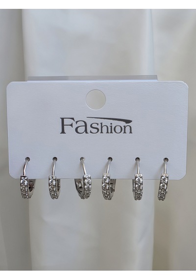 6'lı Zirkon Taşlı Gümüş Silver Renk Küpe Seti 1cm Gümüş