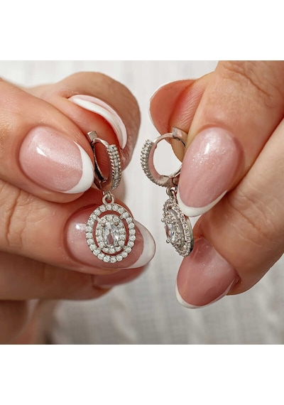 Gümüş Oval Taşlı Sallantılı Küpe Gümüş