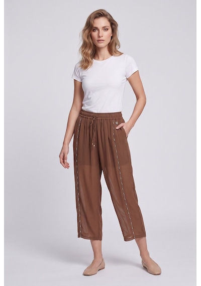 Bsb Kadın İpli Beli Boncuk İşlemeli Şifon Kumaş Rahat Kesim Crop Pantolon Mocha
