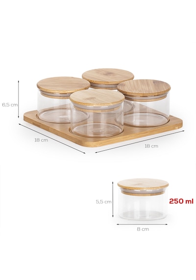 Porsima Hf009006 Yuvarlak 4lü Hava Geçirmez Bambu Standlı Cam Kahvaltılık Seti Bambu Kapaklı Saklama Kabı 250ml Şeffaf