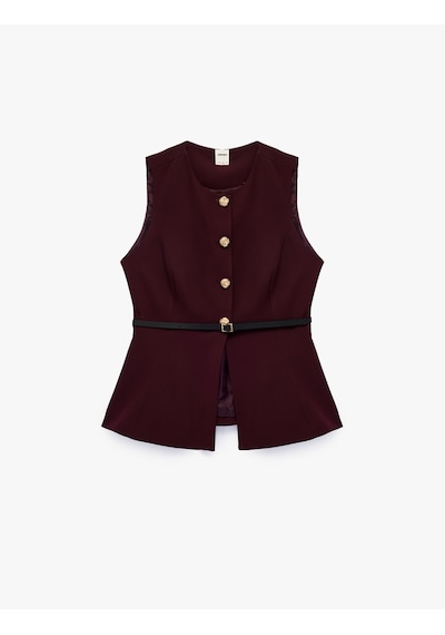 Koton Slim Fit Mücevher Düğmeli Bisiklet Yaka Kemerli Peplum Yelek Bordo 7wak20018uw