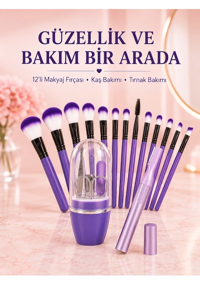 Kadın Makyaj Ve Kişisel Bakım Seti 12 Li Mor Makyaj Fırçası Kaş Düzeltici Ve Manikür Tırnak Bakım Seti - Li