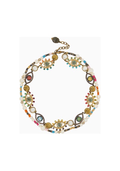 Multi-strand Eye Necklace, Çok Sıralı Göz Kolye, Incili, Kristalli Ve Nazar Boncuklu Gümüş