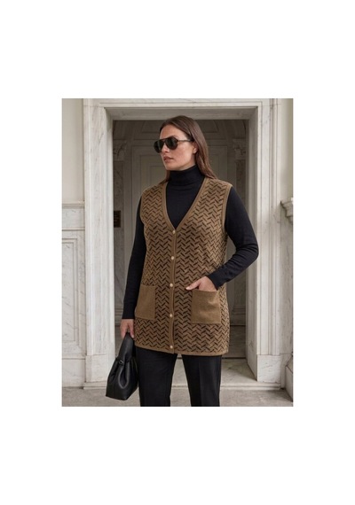 Onno Style Women Desenli Çelik Örgü Klasik Triko Yelek Krem