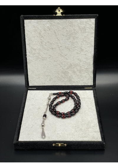 Onurlu Tesbihane Çift Renk Beyrut Tesbih Kırmızı 6,5x11 Mm İnce Kesim Erkek Tesbihi Gümüş
