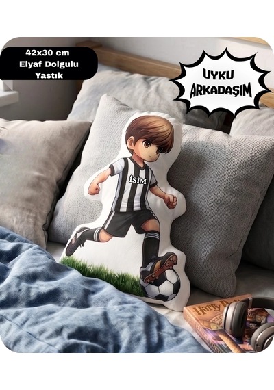 Taraftar Yastık Siyah Beyaz Formalı Futbolcu Figür İsimli Yastık Çift Yön Baskılı Yastık 42x30cm Siyah - Beyaz