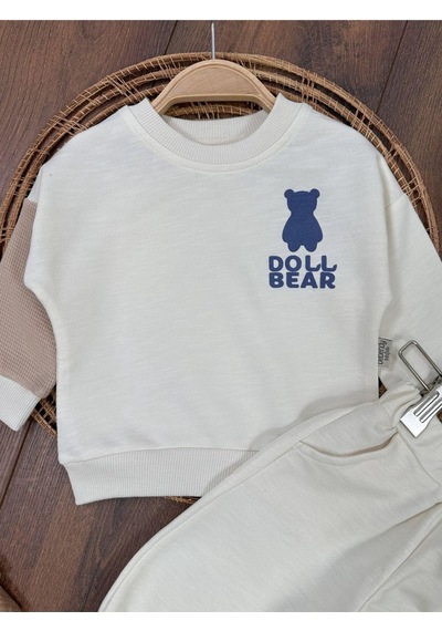 Bebicix Ayıcık Baskılı Bisiklet Yaka Düğme Detaylı 2'li Bebek Takım Beyaz