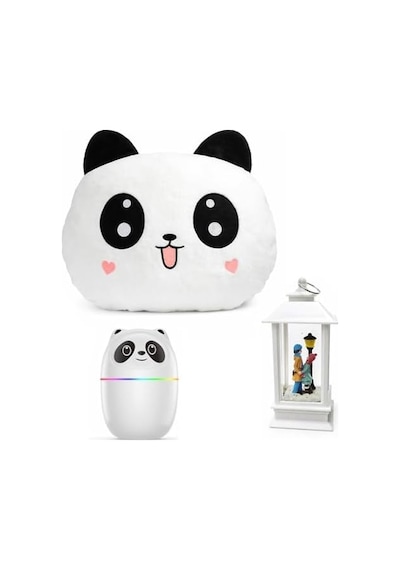 Panda Temalı Dekoratif Tasarıma Sahip Hediye Seti Peluş Panda Yastık + Buhar Makinesi Nemlendirici + Sevgili Figürlü Kar Küresi Dekoratif Hediye Seti